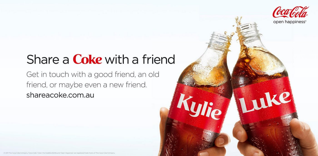 Coca Cola "Share a Coke with a friend" campaign. Tow bottles of coke being 'clinked' together. 